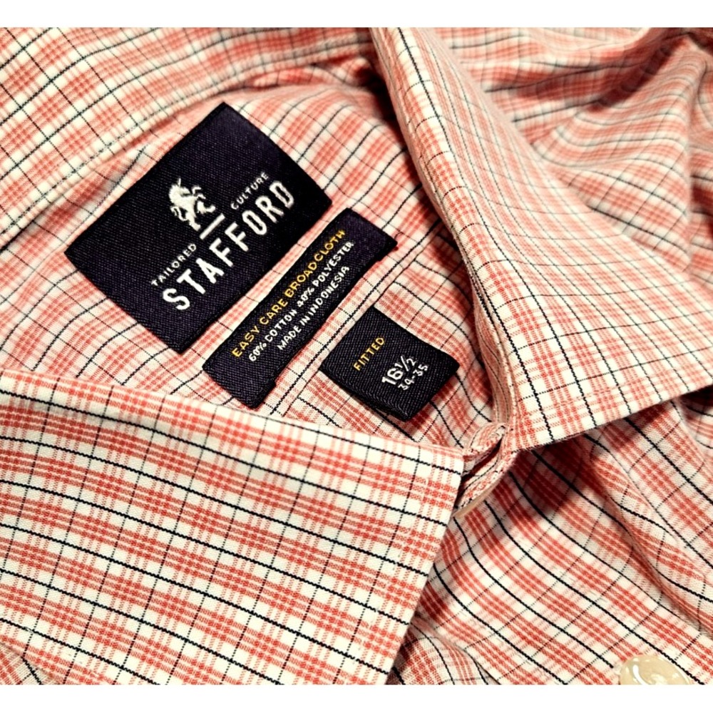 Stafford Men's Easy Care Broadcloth Size 16.5 - 34/35 Red/White/Blue Plaid